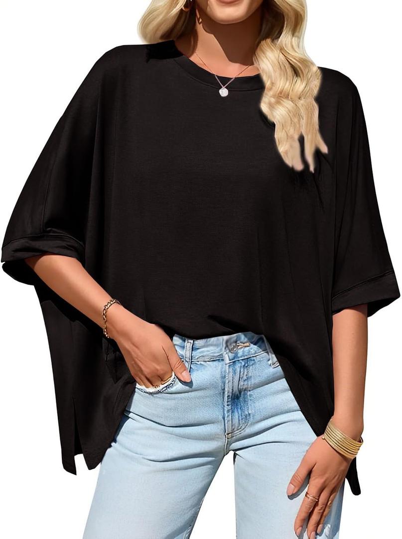 Bestsister Womens Oversized Tshirts Batwing Short Sleeve BaggyTops Summer Loose Fit Tunic Tee Plus Size Crewneck Shirts Black, X-Large