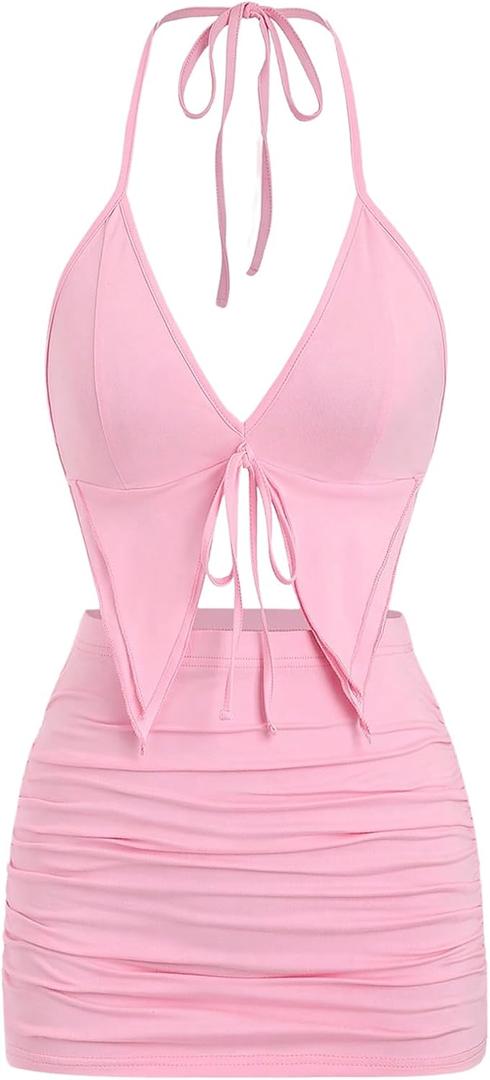 SHENHE Women's Y2k 2 Piece Sexy Outfits Backless Halter Crop Top and Ruched Bodycon Mini Skirt Set (Medium, Pink)