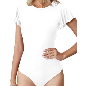 LAOLASI Women's Crew Neck Bodysuit Ruffle Short Sleeve Slim Fit Casual Basic Stretchy Body suit Daily Jumpsuit T Shirts, M