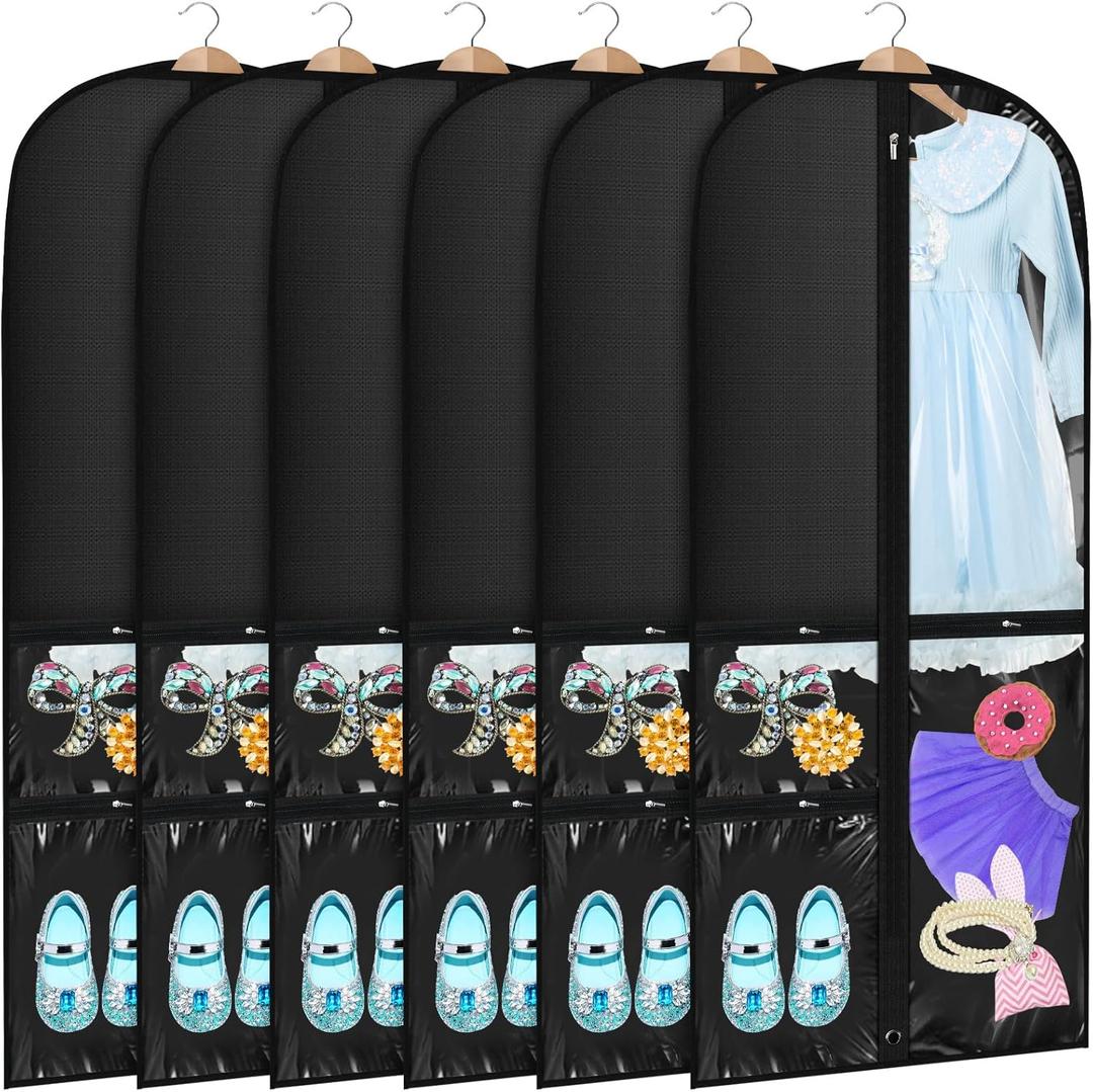 Woanger 6 Pcs Garment Bags for Dance Costumes Clear PVC with Zippers Garment Bag with Pockets Dance Costume Organizer Carrier for Storage Cover for Adult(Black,24'' X 60'')