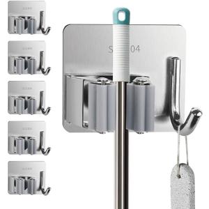 5 Pack Mop and Broom Holder Wall Mount, Silver Stainless Steel Mop and Broom Hanger with Hooks, Mop Broom Organizer for Closet Laundry Garage Garden Tool Organizer (Silver)
