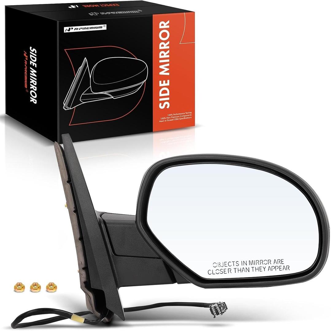 A-Premium Side View Mirror - Compatible with Chevy & GMC Models -Silverado 1500 2500 3500 HD, Avalanche, Suburban, Tahoe, Sierra, Yukon - 2007-2013 - Power Heated Manual Folding Passenger Side Mirror