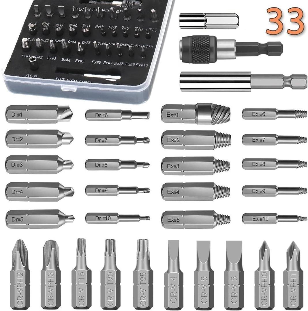 33pc Screw Extractor Set Easy Out Bolt Extractor Kit & Screwdriver Bits HSS Stripped Screw Extractor 2-in-1Damaged Screw Extractor Kit, 2 Extension Bit Holders, Socket Adapter
