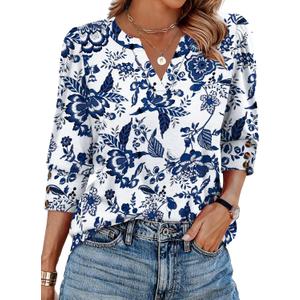 WIHOLL 3/4 Length Sleeve Womens Tops with Button Cuffs Dressy Casual V Neck Summer Outfits Early Fall Fashion Spring Clothes (Blue, XXXL)