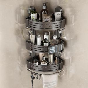 VOLPONE Corner Shower Caddy Suction Cup Shower Shelf Corner No Drilling Bathroom Shower Organizer Storage Rack Adhesive triangle with towel bar hooks 3 tier gray