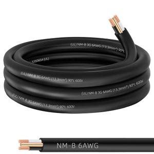 NM-B 6/2 Wire with Ground,15FT 6 AWG Copper Wire,6 Gauge 2 Conductor Electrical 6/2 NM-B with Ground Non-Metallic Sheathed Cable,Stranded Indoor Residential Wiring for Branch Circuit Switch&Outlet