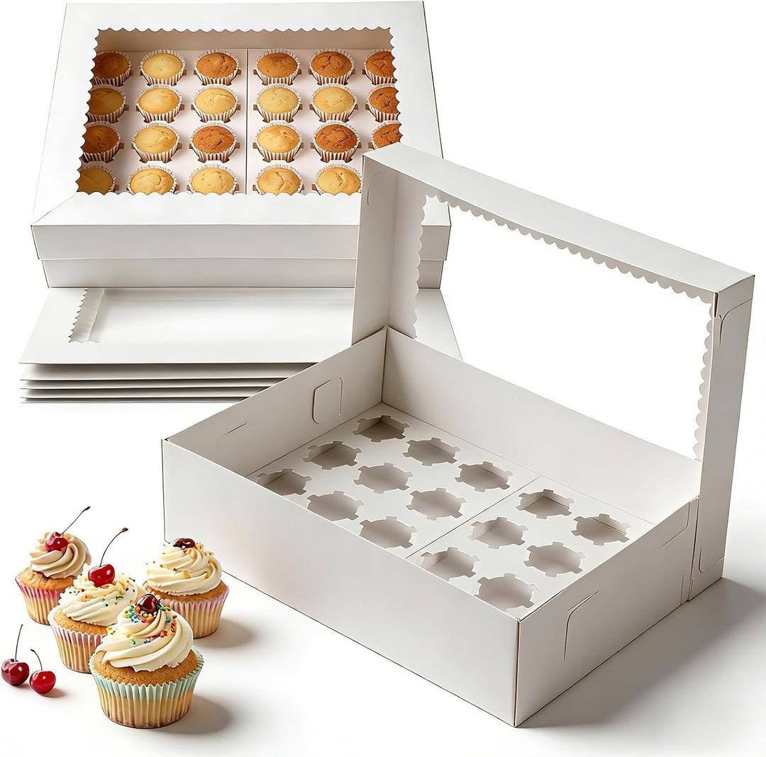 6 Pack Cupcake Boxes with Window White Bakery Boxes Holds 24 Mini Cupcakes Bakery Carrier-Boxes with Windows and Inserts for Cake,Cookies,Donuts,Muffins Birthday Holiday Party Bakery(14.96x11x4 Inch)