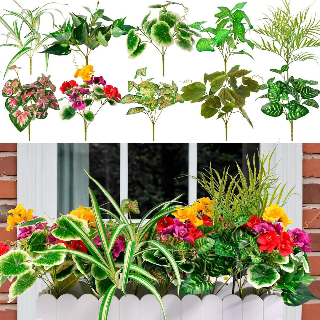 Artificial Plants Outdoor Greenery Stems, 14PCS Faux Greenery Bushes UV Resistant Plastic Shrubs with Real Touch Flexible Leaves, Fake Plants for Planter Garden Patio Porch Window Box Fence Yard Decor (Mixed-2)