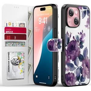 FUNMIKO for iPhone 14 Plus Case Wallet,Detachable Flip Folio Leather Cover,RFID Blocking 4 Card Holder,Magnetic Kickstand,Protective Phone Shell for Women Girls,Purple Blooming Flowers