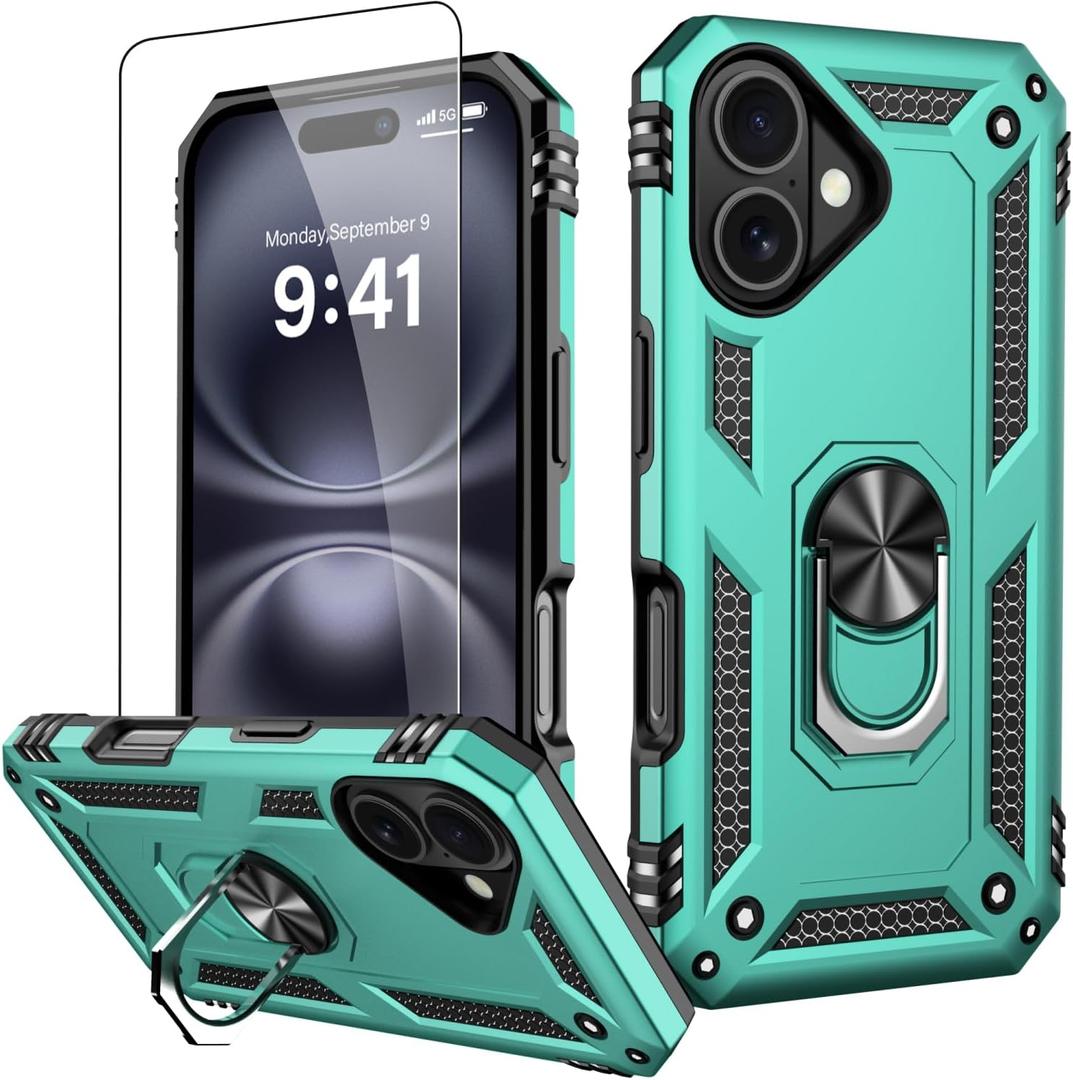 IKAZZ for iPhone 16 Case 6.1 Inch with Screen Protector,Military Grade Shockproof Heavy Duty Protective Phone Cover Pass 16ft Drop Test with Magnetic Kickstand Car Mount Holder,Turquoise Color