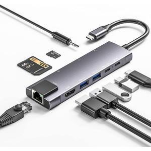 USB C Hub 9 in 1 Multiport Adapter w/Gigabit Ethernet,100W PD,4K@60Hz,2 USB 3.0,USB C 3.0 Data,SD/TF Card Reader,3.5mm Jack,Dongle Docking Station for MacBook iPad Pro iPhone 15 Steam Deck/Rog Ally (sliver)