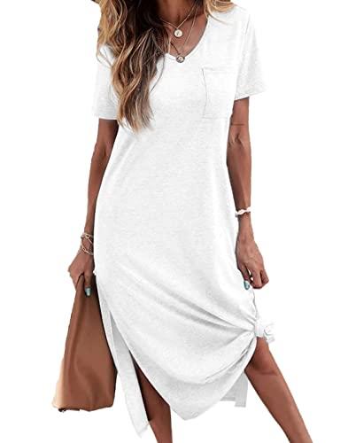 Dyexces Women Summer T Shirt Dress Casual Short Sleeve V Neck Maxi Dresses Loose Side Slit Long Tshirt Dress with Pockets White