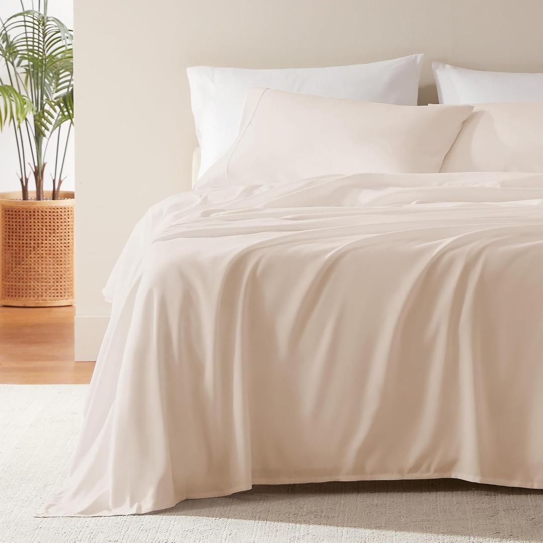 SLEEP ZONE Nanotex Super Soft Cooling King Bed Sheets Set 4 Piece - Easy Care Fitted Flat Sheet & Pillowcase Sets - Wrinkle Free, Fade Resistant, Deep Pocket 16" (Beige, King)