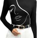 MakeMeChic Women's Graphic Print Tee Shirts High Neck Long Sleeve Slim Fit Shirt Tops (Medium, Black)