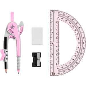 4 x Unjoo Compass for Geometry Set, 6 Inch Protractor, Clear Plastic (Pink)