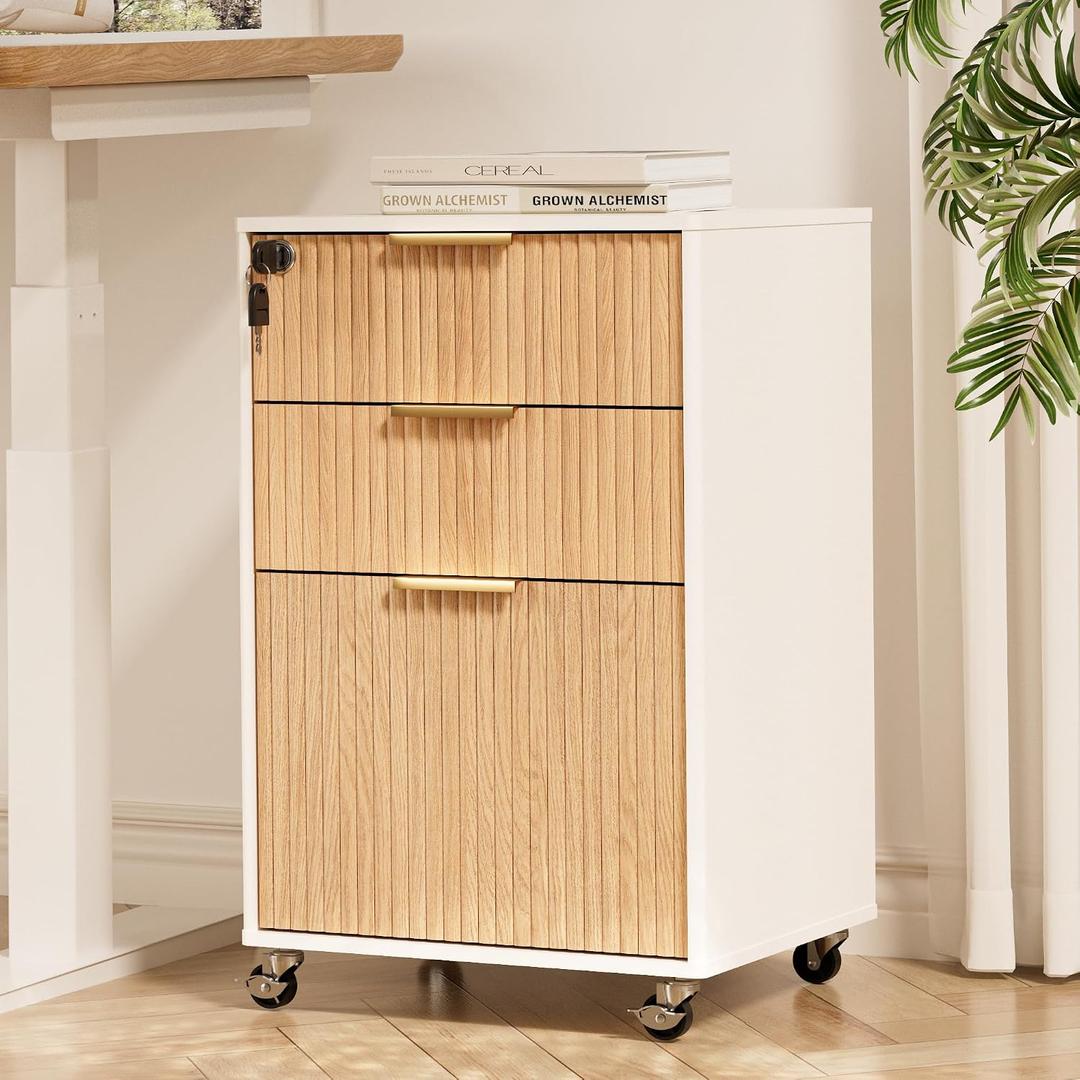 3 Drawers Fluted Mobile File Cabinet with Lock, Rolling File Cabinet Printer Stand Table, Under Desk Wooden Filing Cabinets for Home Office Essentials Storage Organization Furniture Letters/A4(Oak), 16.5 inches x 16.5 inches x 28 inches