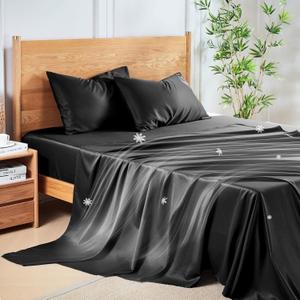 MR&HM Queen Sheet Set, 4-Piece Cooling Sheets, Rayon Derived from Bamboo & Polyester Blend, Soft & Silky, 15" Deep Pockets with Elastic Straps, Hotel Luxury for Hot Sleepers, Black