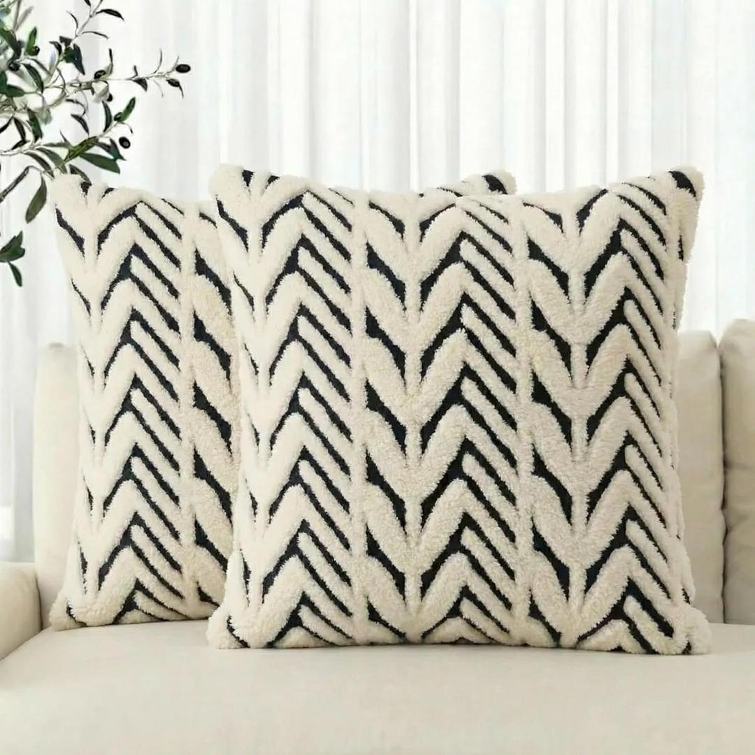 AVOIN colorlife Black White Stripe Beige Throw Pillow Covers, 18 x 18 Inch Holiday Soft Plush Faux Fur Jacquard Cushion Case Decoration for Home Sofa Couch Set of 2