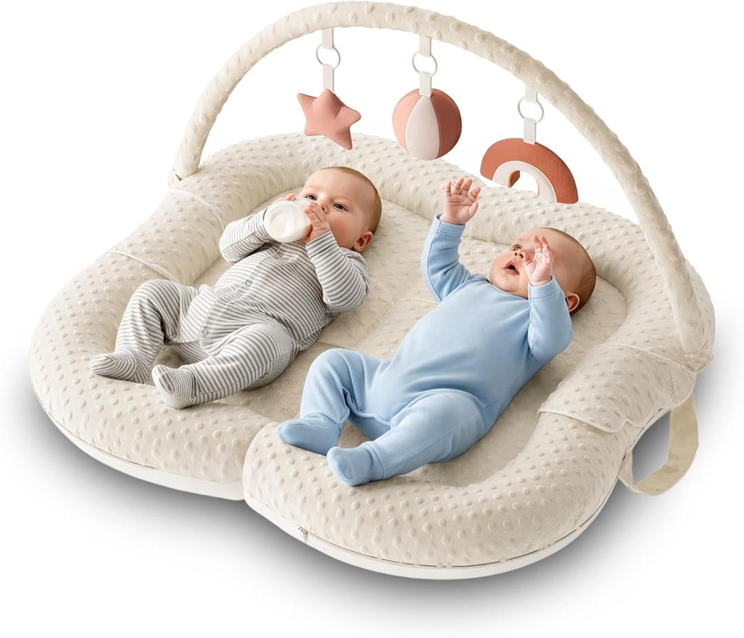 Twins Baby Play Mats for Floor Activity Gym - 5-in-1 Support Cushion Baby Play Mat Tummy Time Mat for Supervised Bonding with Arch, Plush Toys, Flashcards & Developmental Book - Beige