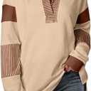 BLENCOT Women's Casual Striped Half Zip Up Drop Shoulder Sweatshirt Oversized Long Sleeve Pullover Tops with Pockets (Beige)