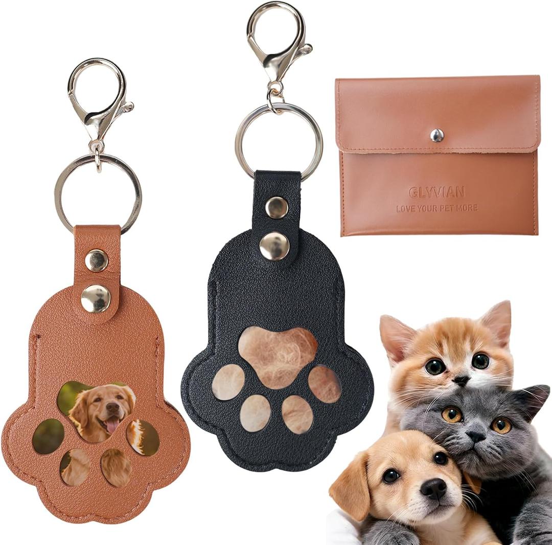 4 x Pet Hair Keepsake Keychain 2PCS, Leather Paw Print Memorial Keychain for Dog & Cat, Pet Memory Keepsake Gift, Fur Storage Bag Charm