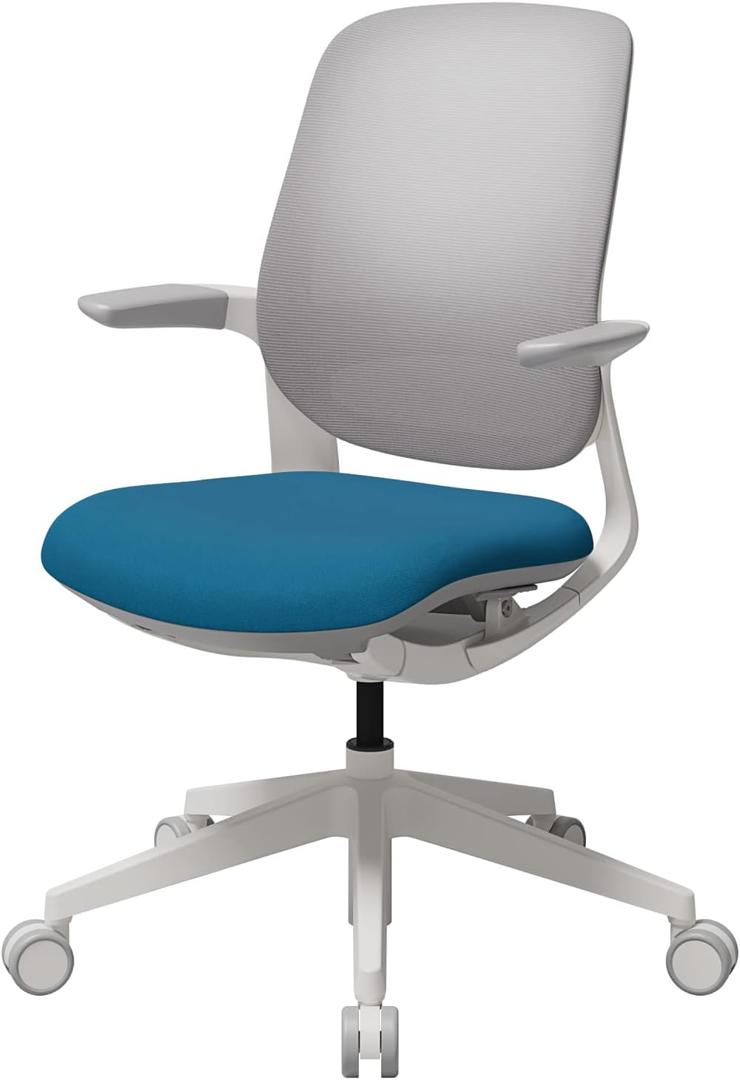 SIDIZ T25 Petite Ergonomic Office Chair : Home Office Desk Chair for Petite Women (4' 9" or Over), Adjustable Seat Height, Weight-Activated Auto Fit Tilt, Gaming Chair (White Mesh, Bright Blue Seat)