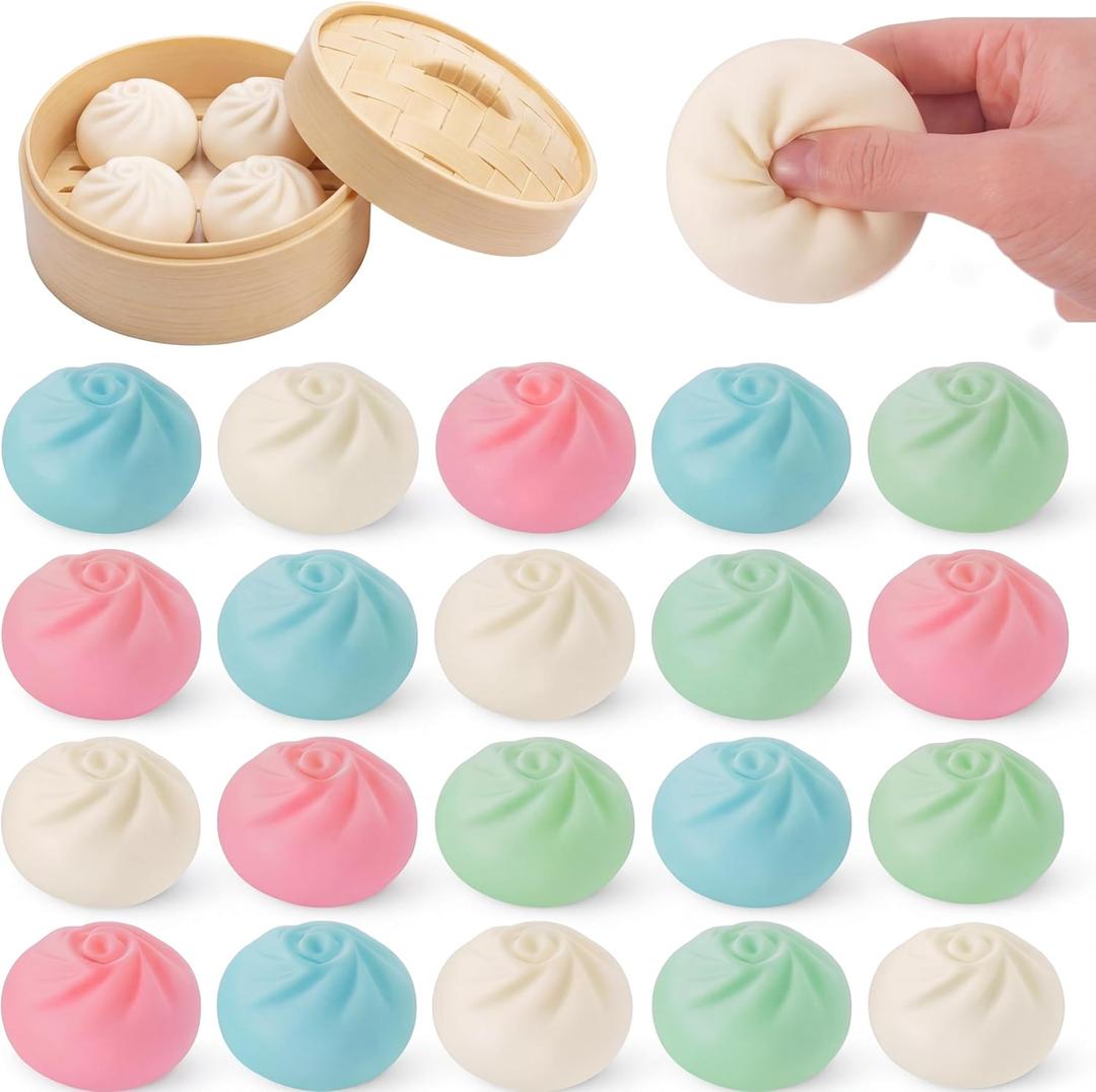24 Pcs Dumpling Stress Balls Bulk 2.4 Inch Dumpling Fidget Toy Dough Stress Relief Bun Squeeze Toy with Storage Bag for Birthday Party Favors School Carnival Reward Gift