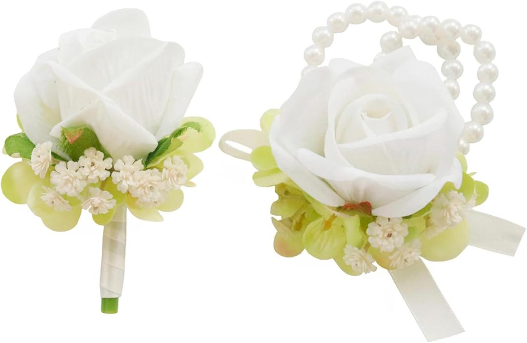 4 x MAFELOE Boutonniere Corsage Set, Artificial Flowers Accessories for Wedding Prom Party Homecoming Celebration Suit Decorations-2 Pieces White+Light Green