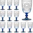 XUWAIDSGN 12Pcs Plastic Vintage Wine Glasses 13.5oz Reusable Embossed Goblet Glasses Blue Gradient Retro Wine Glassware Unbreakable Stemmed Champagne Water Cups for Wine Cocktail Juice Wedding