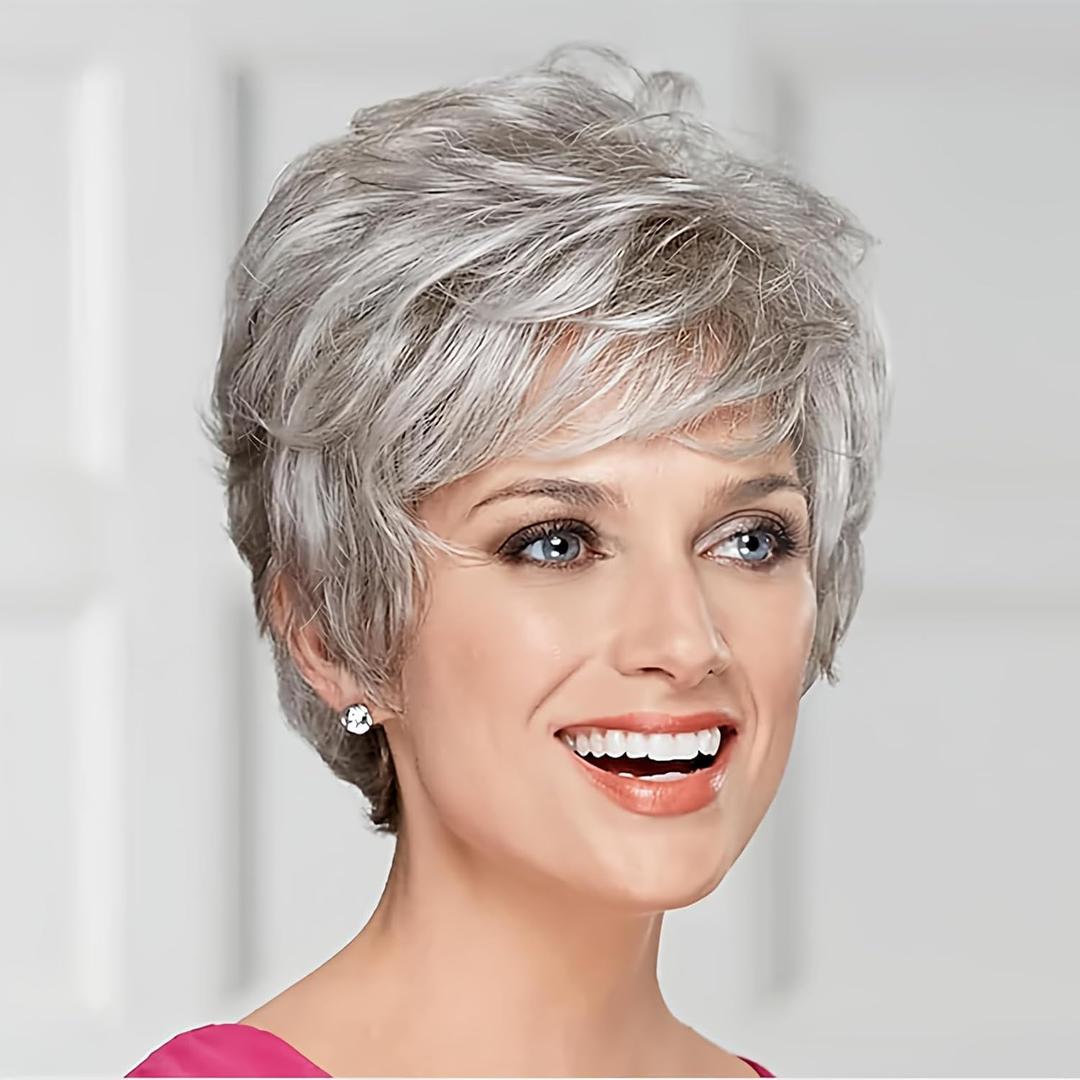 Short Curly Gray Synthetic Wigs for Women, Natural Layered Curly Wig, Lightweight, Heat Resistant, Perfect for Halloween Costume Use (Grey)
