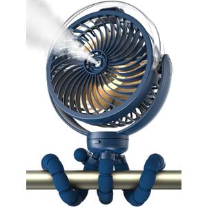 Misting Stroller Fan, 6000mAh Battery Operated Portable Fan with Light & 360 Pivoting, Personal Cooling Fans with Flexible Tripod for Baby, Office, Travel,Treadmill,Outdoors (Dark Blue)