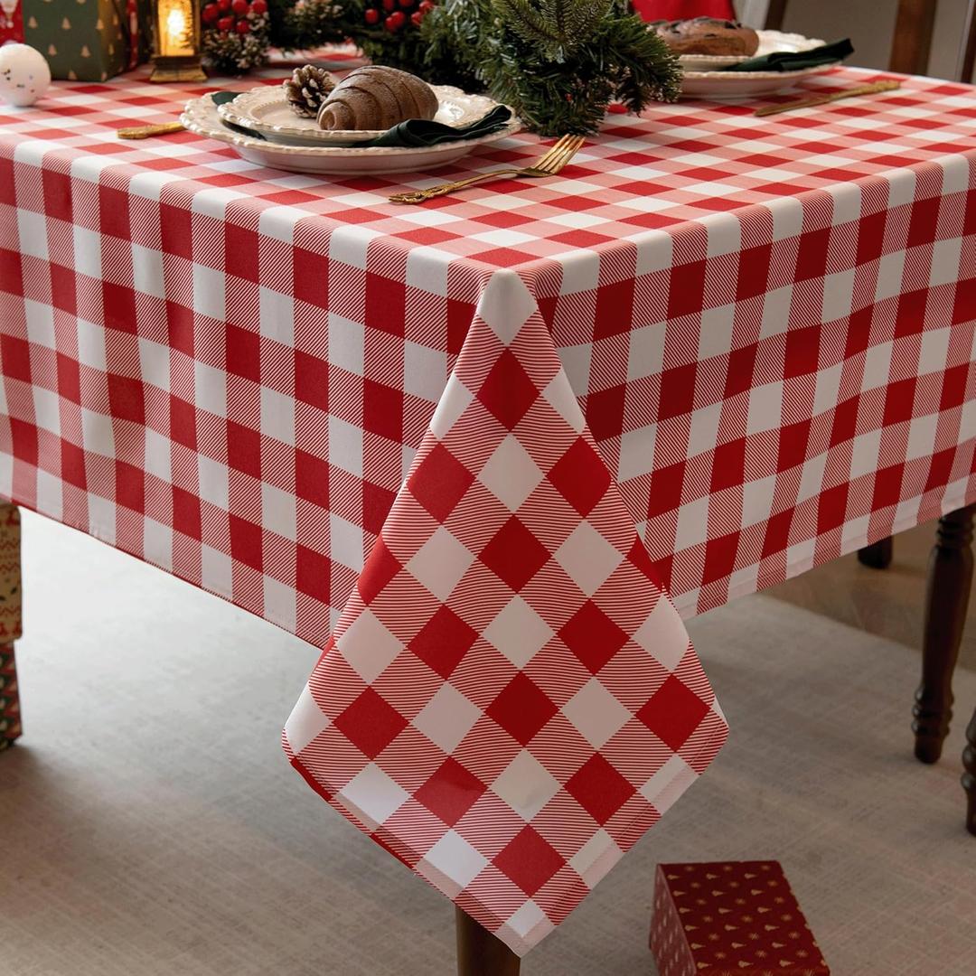 Waterproof Checkered Tablecloth Fabric - Rectangle 58x84 Inch Classic Gingham Buffalo Plaid Table Cloth for Indoor/Outdoor Use - ,Washable Table Cover for Kitchen, BBQs, and Parties, Red/White