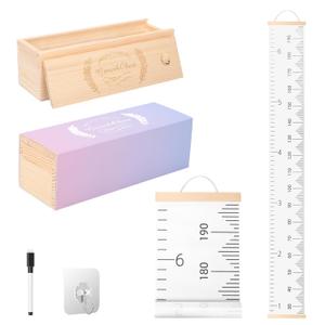 Growth Chart for Wall Height Chart for Kids with Wooden Keepsake Box Kids Height Measurement Canvas Removable Wall Ruler Baby to Child Growth Tracker Neutral Nursery Wall Decor Easy to Install