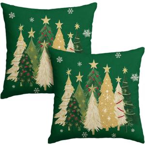 AVOIN colorlife Christmas Trees Star Green Throw Pillow Covers Set of 2, 18 x 18 Inch Snowflake Seasonal Winter Holiday Cushion Case Decoration for Sofa Couch