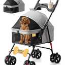 4 Wheel Foldable Pet Stroller - Lightweight Dogs and Cats Stroller Up to 44lbs with Mesh Canopy, Storage Basket and Cup Holder, Durable for Walks and Outings (Small)