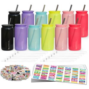 16 oz Plastic Cups Reusable with Lids and Straws & DIY Sticker, 12Pack Acrylic Mason Jars Iced Coffee Drinking Glasses Cup for Park Picnic, Poolside, Party Giveaways, Jelly Color