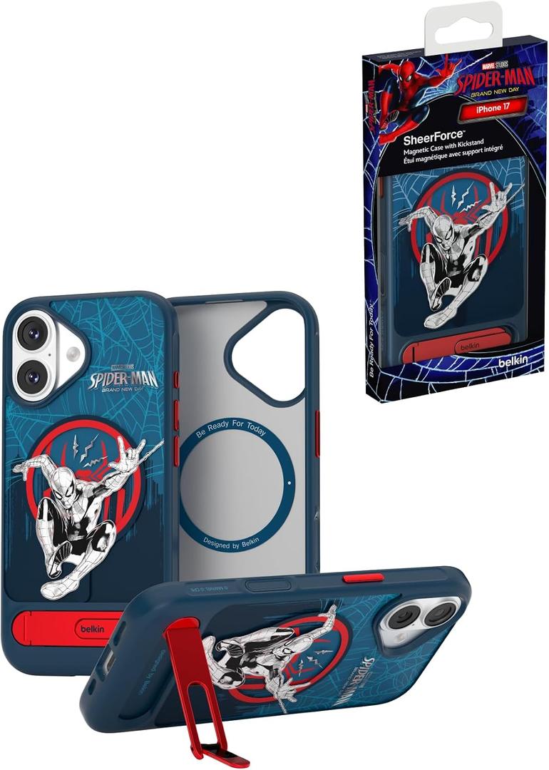 Belkin Marvel Spider-Man iPhone 17 Case, MagSafe with Kickstand | Magnetic, Qi2 compatible, 6.5ft drop protection, raised edge, shockproof, ultra-slim design, camera control, protective case,