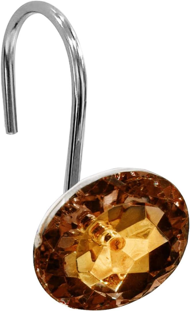 Gibelle Shower Curtain Hooks, Diamond Shaped Shower Curtain Rings Hooks for Bathroom Curtains Rod, Acrylic Decorative Rhinestones Bling Rolling Bathroom Accessories Set of 12, Brown