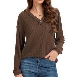 Beach Vacation Clothes for Women Long Sleeve Sweaters V-Neck Button Down T-Shirts Fall Clothing Brown Small