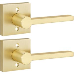 EHOMEWARE 2 Pack Satin Brass Dummy Door Handle, Interior Door Lever for Pull or Push Only, Heavy Duty Single Sided Door Handles for French or Closet Doors