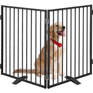Metal Freestanding Dog Gates,Extra Wide 24", 32" Height Foldable Dog Fence for Indoor & Outdoor, Heavy Duty Freestanding Pet Barrier for Stairs, Doorways, Halls, Kitchen,Yard (Black)