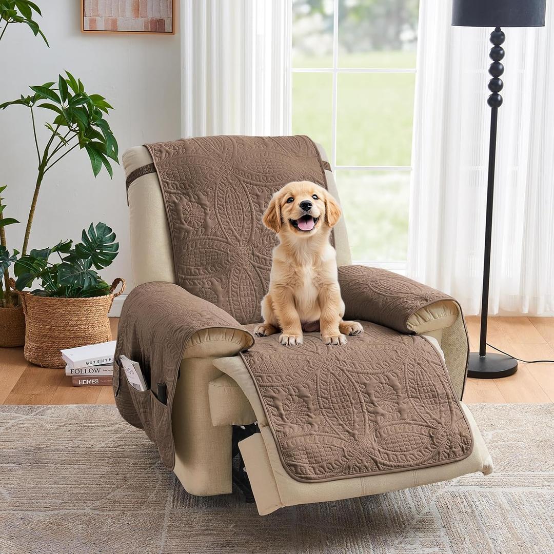 Toffee Quilted Recliner Covers, Waterproof Recliner Chair Covers, Lazy Boy Chair Covers, Pet Friendly Recliner Slipcover for Dogs Cats, Washable Furniture Protector (Recliner 22", Raw Umber)