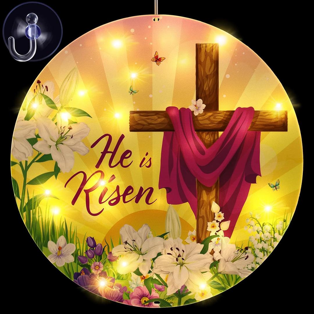 Geelin 11 Inch Easter Window Light He is Risen Decorations Spring Christian Jesus Cross Religious Sign LED Happy Easter Party Supplies for Indoor and Outdoor Farmhouse Wall Decor (Cross)