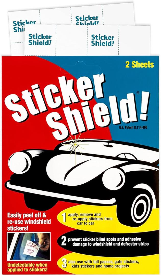 STICKER SHIELD - Windshield Sticker Applicator for Easy Application, Removal and Re-Application from Car to Car - 4 inch x 6 inch Sheets (Pack of 2 Sheets)