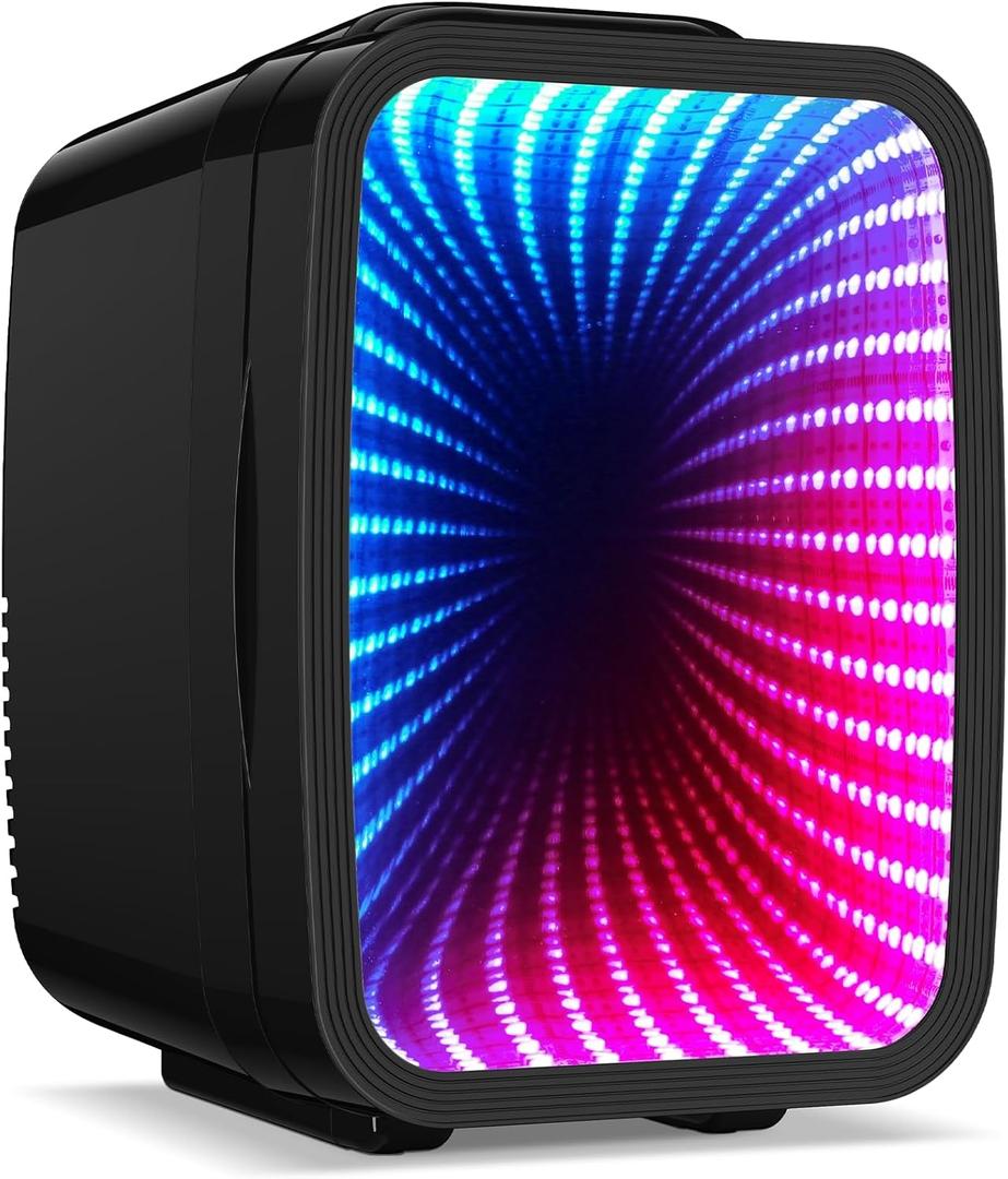 Mini Fridge, 4 Liter/6 Cans Small Refrigerator With Dimmable LED Light,AC/DC Portable Thermoelectric Cooler and Warmer Gaming mini fridge for Bedroom,Office,Gaming room and Car (Black)