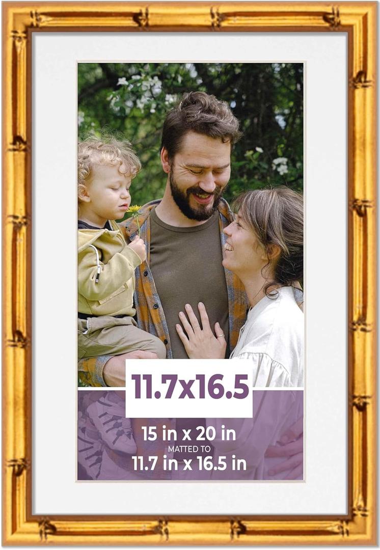 A3 11.7x16.5 Frame Gold Bamboo with White Picture Mat for 11.7x16.5 Photo - Gold Bamboo 15x20 Frame to Display Print or Poster Measuring 11.7x16.5 Inches with White Photo Mat