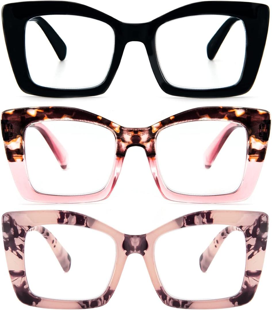 REAVEE Oversized Square Reading Glasses Oprah Style for Women, Blue Light Blocking Large Frame Computer Readers Spring Hinge (Black/Pink Leopard/Leopard Pink)