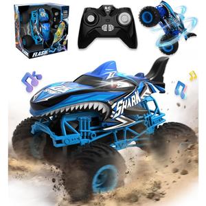 BEZGAR 1:16 Scale Remote Control Monster Truck - Shark Monster Truck Toys with 360° Spins and Drifting, RC Car with Light and Music, Remote Control Car for Boys 4-7, Kids Christmas Birthday Gifts