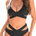 Holipick Two Piece Bikini Sets for Women High Waisted Bikini Push Up Swimsuit Halter Wrap Criss Cross Bathing Suit (18 Plus, Black)