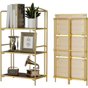 Crofy No Assembly Folding Bookshelf for Living Room, 3 Tier Gold Collapsible Book Shelf for Home Office, Portable Bookcase Storage Organizer